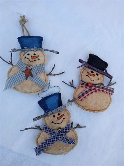 Primitive Snowman Ornaments Set Of 3 Christmas Ornies Holiday Prim