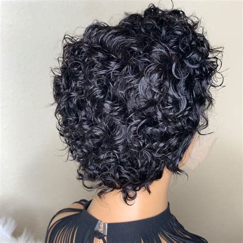 Natural Black 13x1 T Lace Side Part Kinky Curly Short Pixie Cut Bob Wi