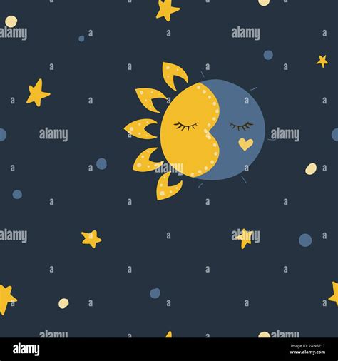 Sleeping Sun And Moon Stars In The Sky Vector Illustration Seamless