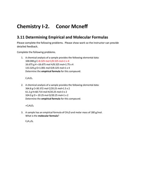 311 Determining Empiricaland Molecular Formulas Chemistry I 2 Conor