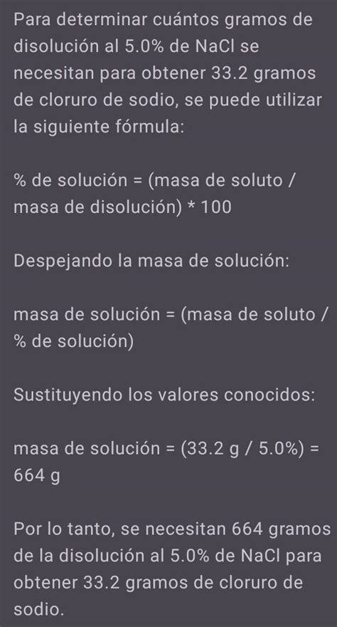 cuantos gramos de disolución al 5 0 de NaCl se necesita pa tener 33 2