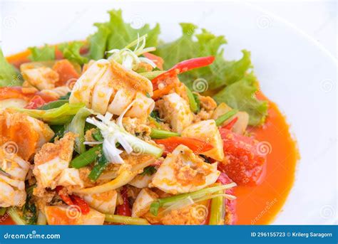 Stir Fried Squid With Curry On The White Dish Stock Image Image Of