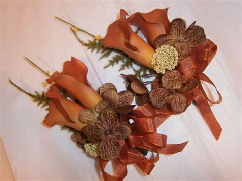 Set Of Four 4 Corsages Burnt Orange Persimmon Sage Purple Teal Brown