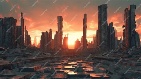 Premium Ai Image Sunset Over Ruins A Glimpse Into A Dystopian Metropolis