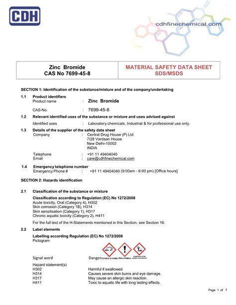 Zinc Bromide Cas No 7699 45 8 Material Safety Data Sheet Sds Msds Docslib