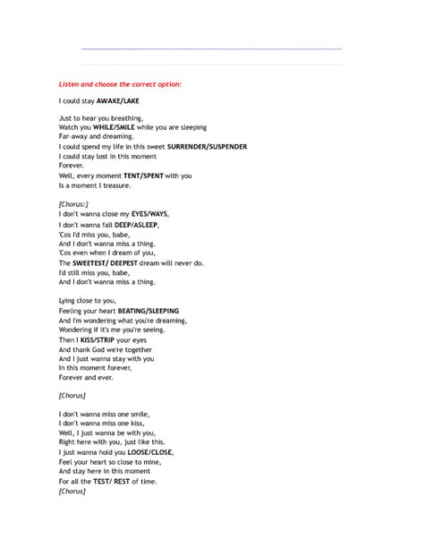 Song Worksheet: I Don't Wanna Miss a Thing by Aerosmith