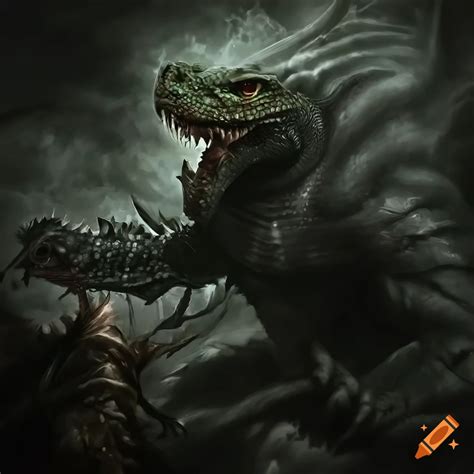 Lizard Fighting A Knight In A Dark Mystical Fantasy Artwork On Craiyon