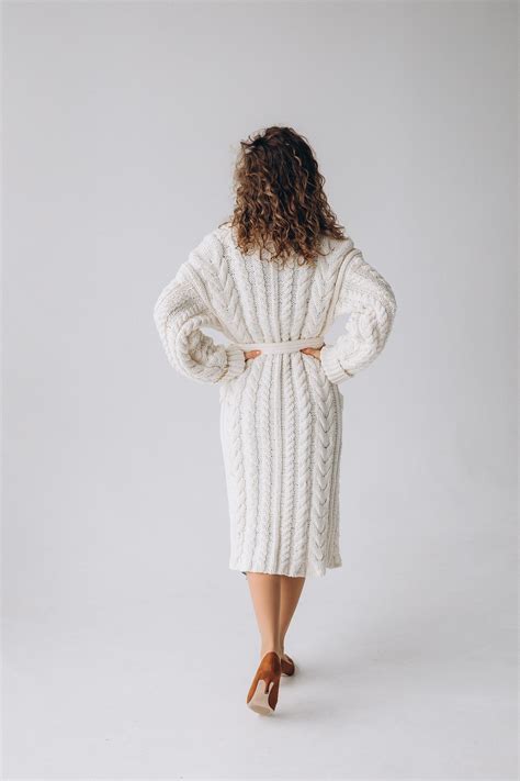 White Cable Knit Cardigan Made To Order Long Cotton Coat Etsy