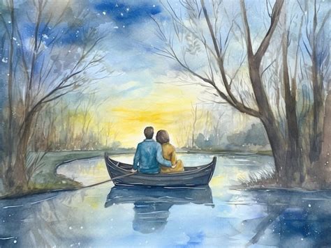 Una pintura de acuarela de una pareja en un bote en un río Foto Premium