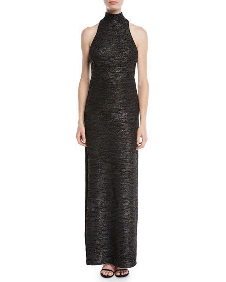 Halston Heritage Metallic Knit Gown W Mock Neck Knit Gown Metallic