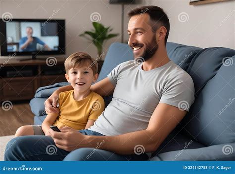 Father And Son Eating Popcorn And Watching Tv Stock Illustration