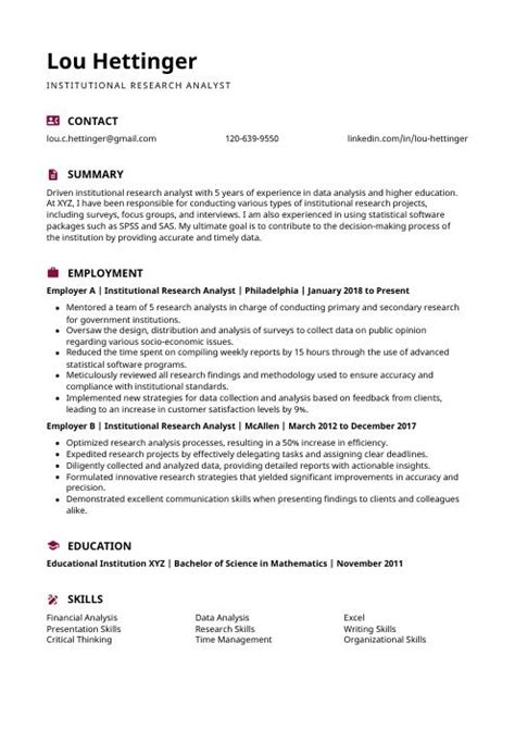 Institutional Research Analyst Resume Cv Example And Writing Guide