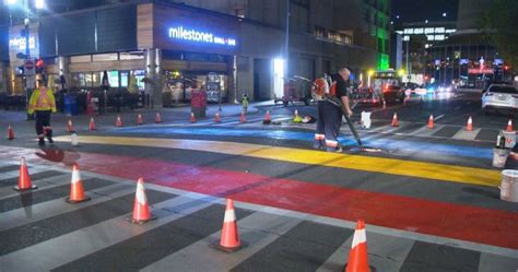 Rainbow Crosswalk Painted In Downtown Calgary For 2016 Pride