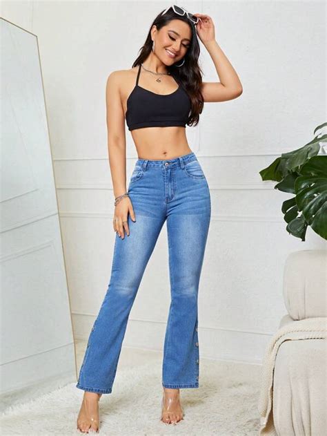 SHEIN Essnce Button Detail Flare Leg Jeans SHEIN USA