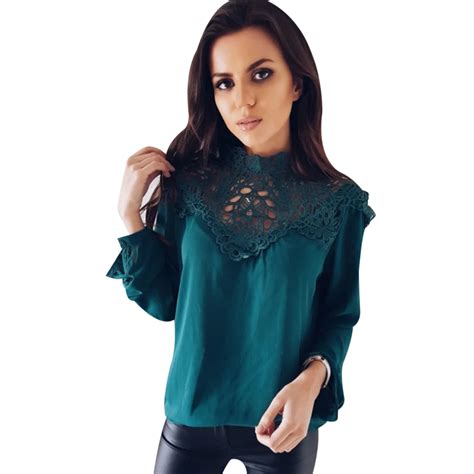 New Spring Summer Chiffon Blouse Shirt Women Sexy Lace Hollow Out Long