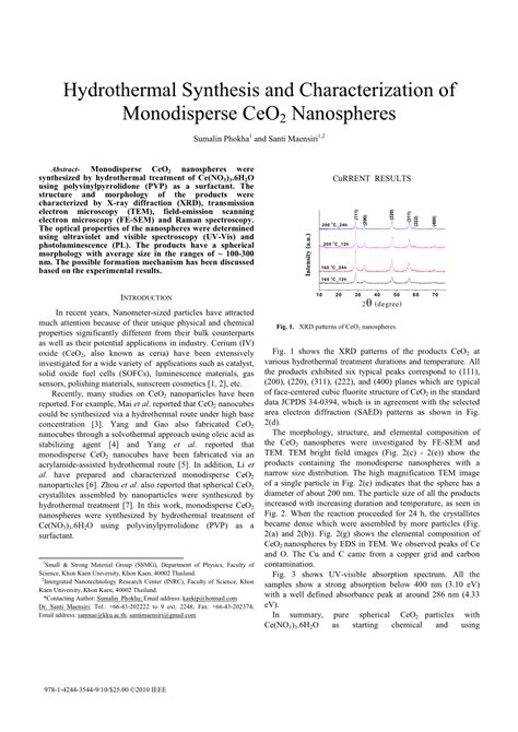 PDF Hydrothermal Synthesis And Characterization Of Monodisperse CeO2