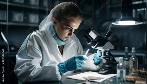 One scientist examining liquid using microscope indoors generated by AI ...