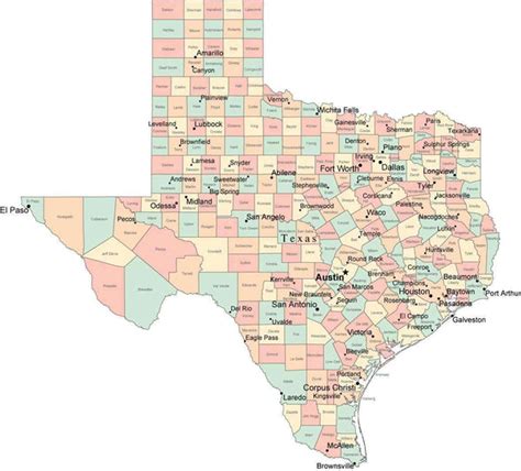 Multi Color Texas Map with Counties, Capitals, and Major Cities