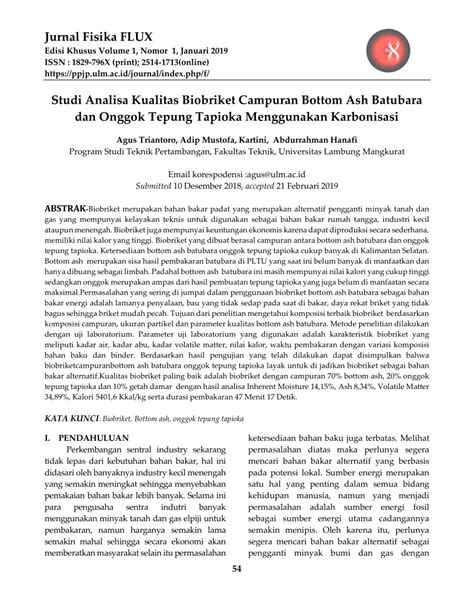 PDF Studi Analisa Kualitas Biobriket Campuran Bottom Ash Batubara Dan