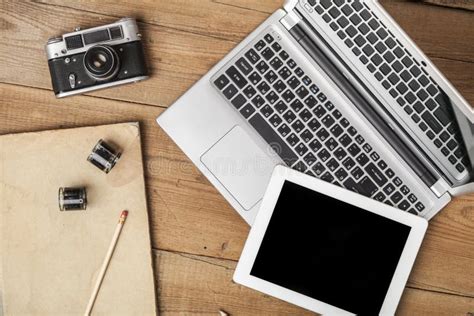 Modern Workplace With Laptop And Tablet Pc On Stock Photo Image Of