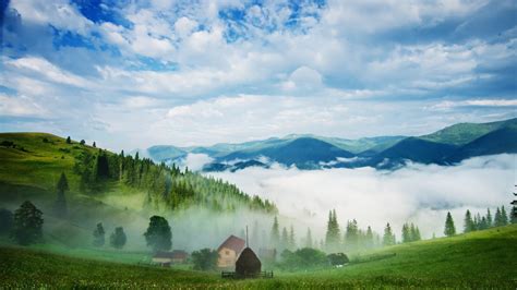 Wallpaper X Px Clouds Field Forest Grass Haystacks Hill