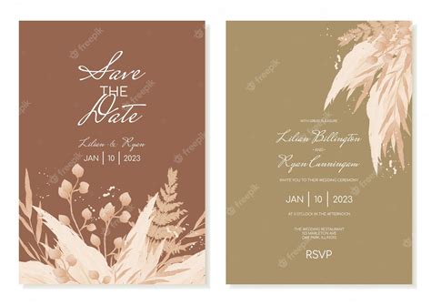 Premium Vector Boho Wedding Invitation Template Set With Dried Flowers And Pampas In Brown And