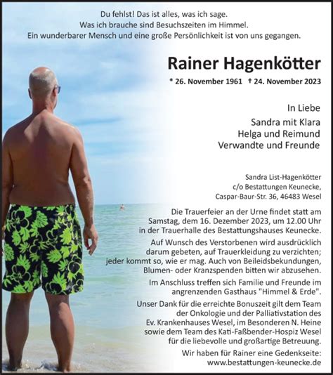 Traueranzeigen von Rainer Hagenkötter Trauer in NRW de