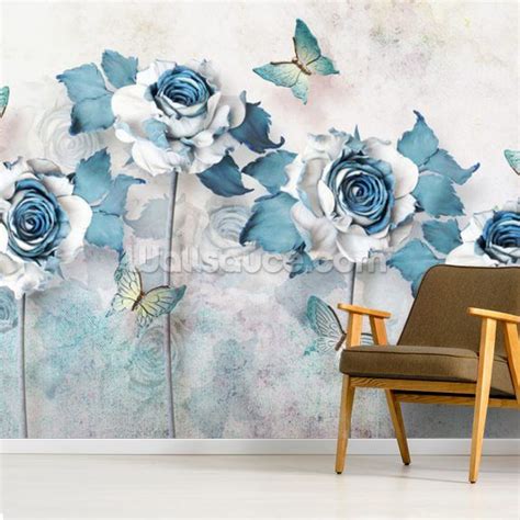 Blue Butterfly Roses Wall Mural Wallsauce AU Peintures Murales De