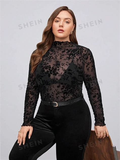 SHEIN BIZwear Plus Size Women S Floral Flocked Sheer High Neck Mesh Top