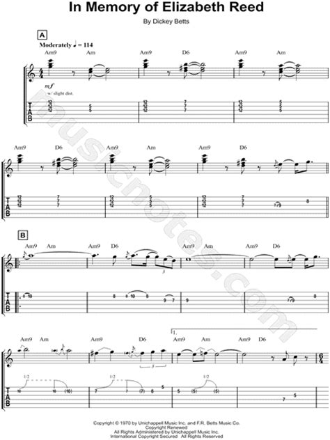 The Allman Brothers Band "In Memory of Elizabeth Reed" Guitar Tab in A ...