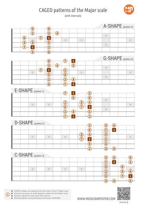 5 Major scale CAGED guitar patterns PDF chart with intervals