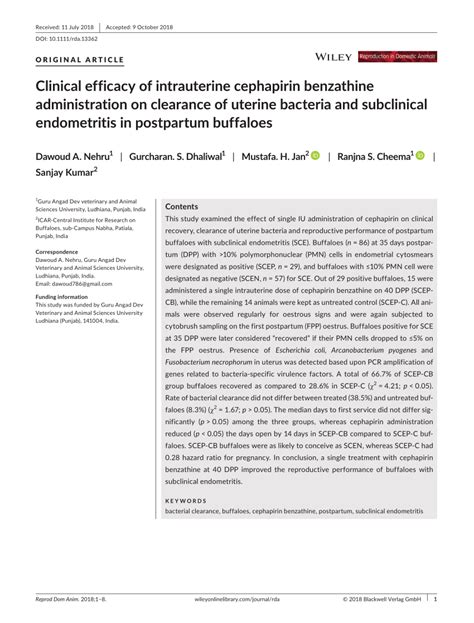 PDF Clinical Efficacy Of Intrauterine Cephapirin Benzathine