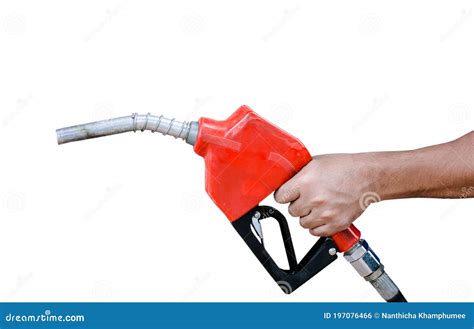 Man Holding Gas Hose Red Gasoline Pump Nozzle Isolated On White