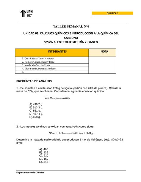 6 Taller Grupal Semanal 6 1 QUIMICA 1 Departamento De Ciencias