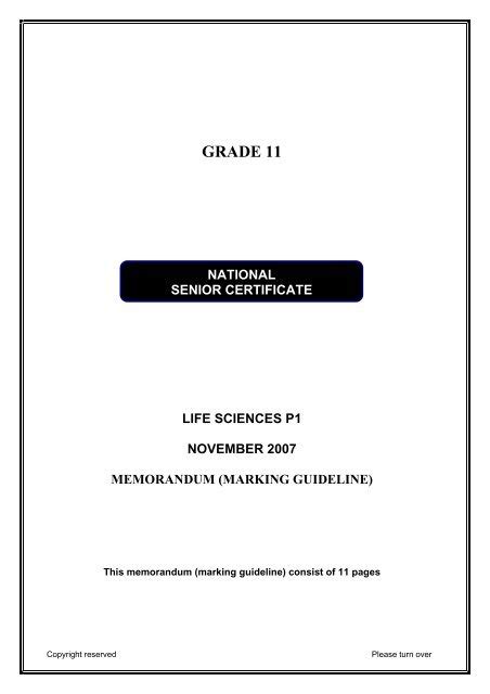 Grade Life Sciences P November Memorandum Marking