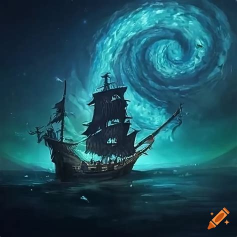 Legendary Kraken Attacking Ethereal Ghost Pirate Ship Under A Starry