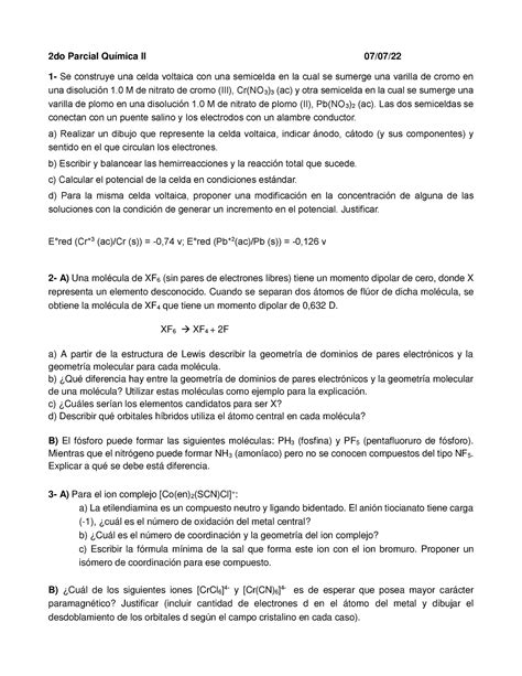 2p1c22 1ª cuatrim 2do parcial 2do Parcial Química II 07 07 1 Se