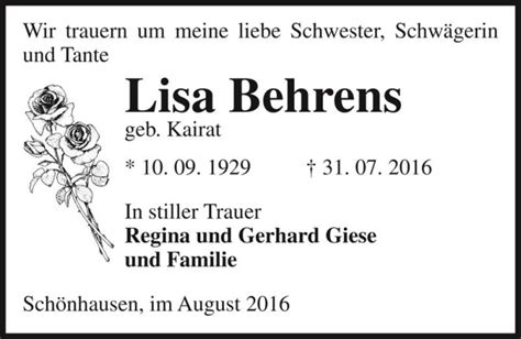 Traueranzeigen Von Lisa Behrens Geb Kairat Abschied Nehmen De