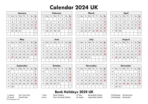 2024 Calendar Uk Printable With Bank Holidays Printable Calendar 2024