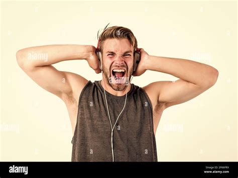 Man Handsome Unshaven Hipster Listening Song Using Headphones Gadget White Background Enjoy