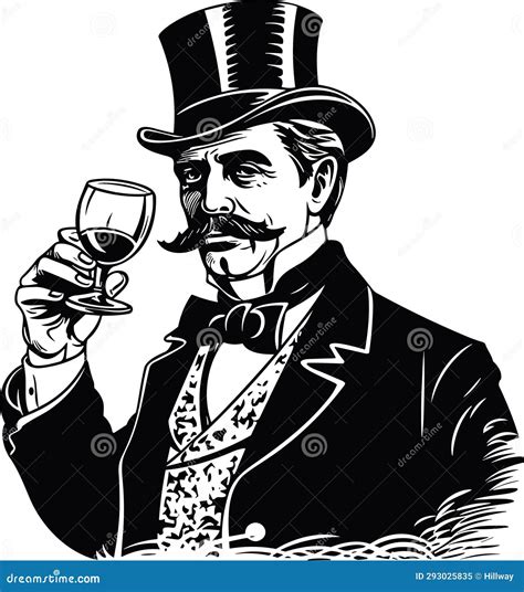 Elegant Gentleman In Top Hat Holding A Glass Of Alcohol Drink Vintage