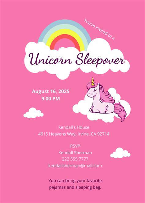 Free Unicorn Sleepover Invitation Template Edit Online And Download