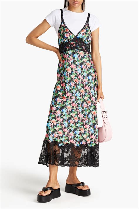 Paco Rabanne Lace Paneled Floral Print Satin Midi Dress In Multi Modesens