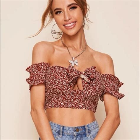 Shein Tops Floral Front Tie Off Shoulder Ruched Scrunched Crop Top