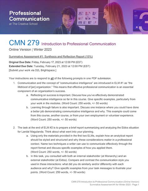 Cmn279 I Sa 1 Instructions W2023 Cmn 279 Introduction To Professional Communication Online