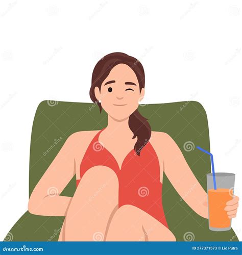 Woman In Bikini Sitting On Deck Chair At Poolside Or Beach Drinking