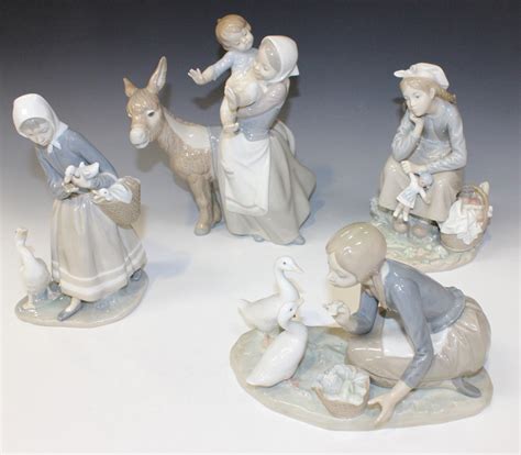 Four Lladro Porcelain Figures Comprising Feeding The Ducks No 4849 Boxed Shepherdess With Ducks