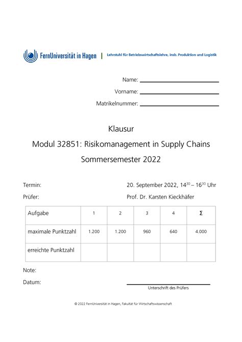 Bungsklausur Ss Klausur Fernuniversitt In Hagen