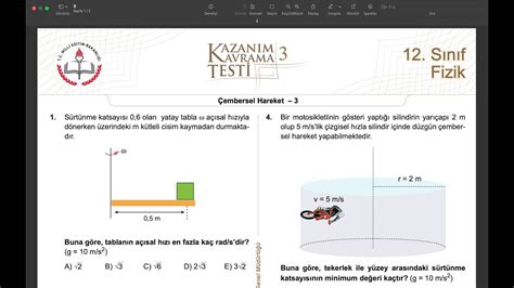 12 SINIF FİZİK KAZANIM TEST 3 ÇÖZÜM ÇEMBERSEL HAREKET 2022 2023 YouTube