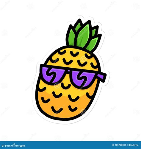 Happy Smiling Pineapple In Sunglasses Cartoon Line Art Style Illustration Stock Vector